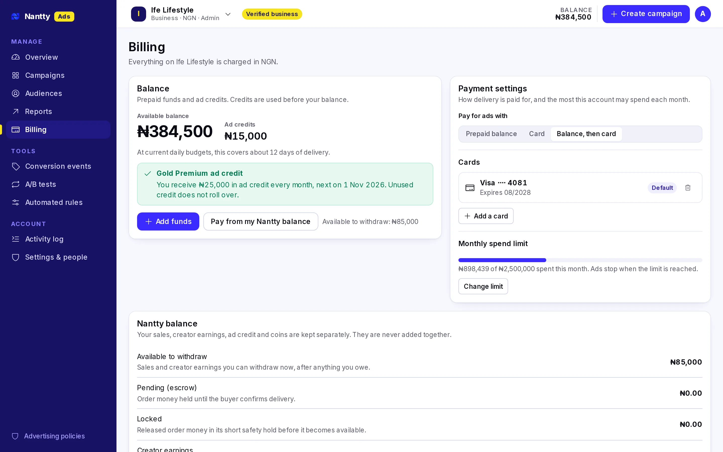 Billing page with balance, monthly ad credit, payment settings and transactions