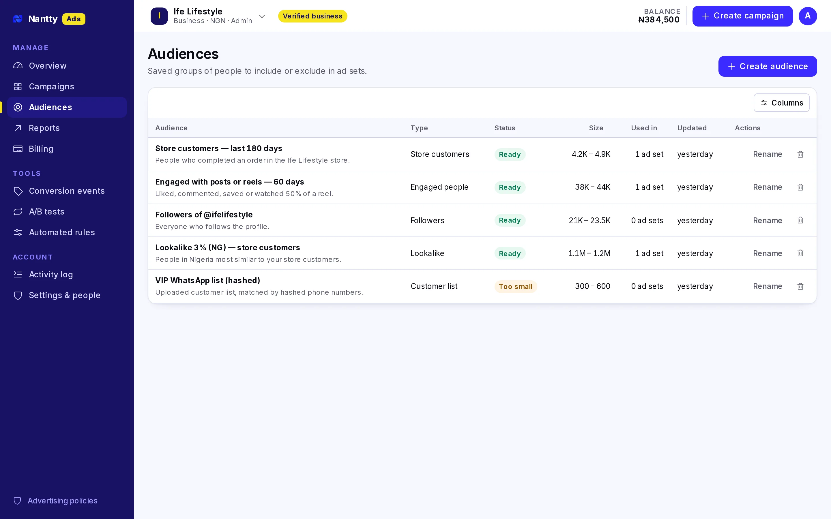 Current Ads Manager audiences page showing saved customer, follower and engagement audiences